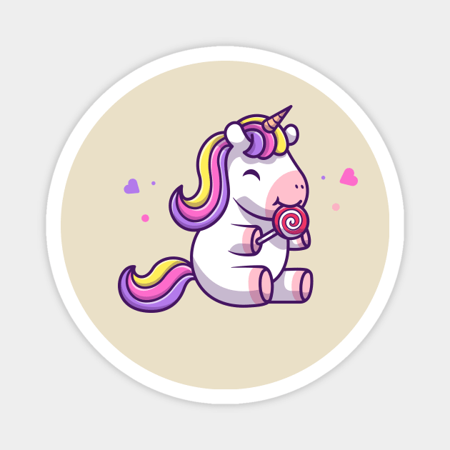 Cute Unicorn Eating Lollipop Cartoon (2) Magnet by Catalyst Labs